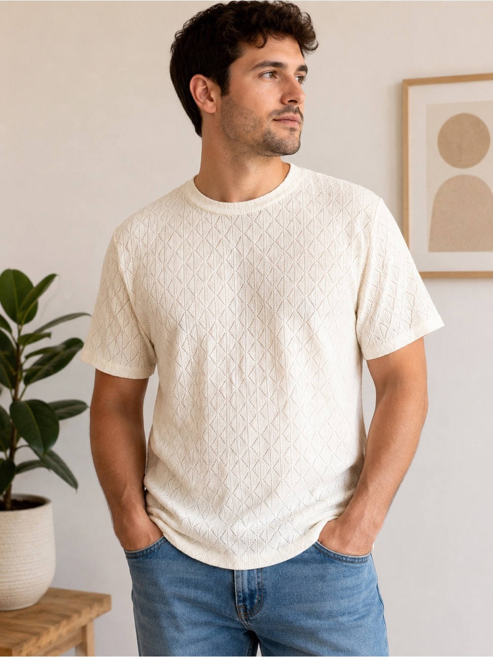 Men’s Large Cream Textured Knit T-Shirt – Short Sleeve